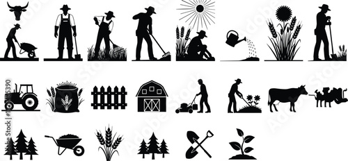 Agriculture and farming vector silhouette icon set featuring farmers, tractors, barns, crops, livestock, and gardening tools isolated on white background.