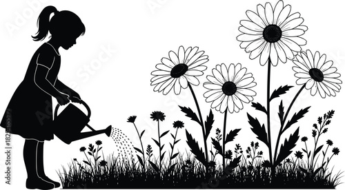 Black silhouette vector illustration of a little girl watering large daisy flowers with a can, isolated on white background, spring gardening concept.