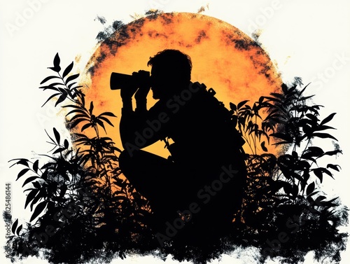 crouching silhouette of a person with binoculars and backpack among dense plants against a glowing orange sun, evoking curiosity and quiet adventure