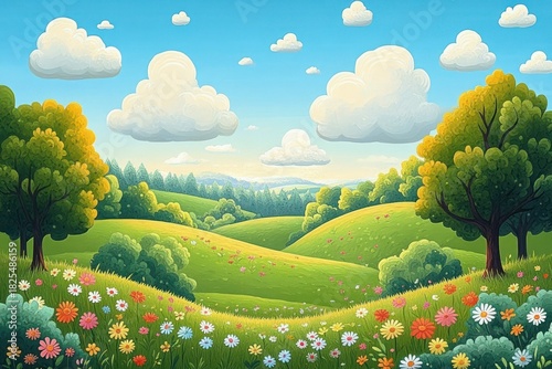 Sunny rolling green hills and wildflower meadow with leafy trees, distant forest and puffy clouds under a bright blue sky, evoking peaceful joyful serenity