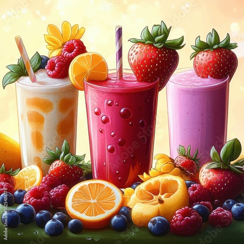 three colorful fruit smoothies in tall glasses with straws, garnished with strawberries, raspberries and orange slices, surrounded by blueberries and mango, bright cheerful summer vibe