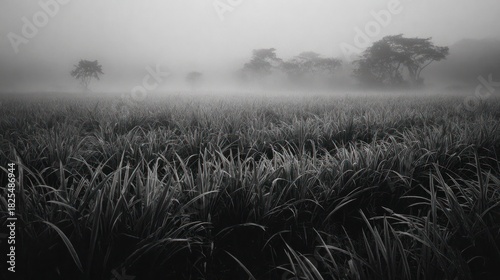 Monochromatic landscape photo depicting a misty field of tall grass extending to a line of trees shrouded in fog, creating a serene and mysterious atmosphere