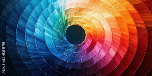 Fototapeta Naklejka Na Ścianę i Meble -  vibrant spiral of concentric metallic rings in a rainbow gradient converging toward a dark central void, creating a dynamic hypnotic energetic visual tunnel