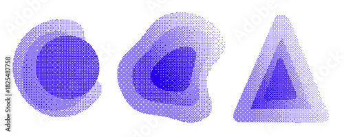 This image showcases a trio of geometric forms - circle, oval, and triangle - rendered with blue pixels. The pixel density varies, creating a gradient effect and suggesting depth.