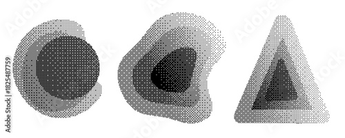 Three halftone shapes (circle, abstract, triangle) are shown. Each shape features a dark inner core surrounded by progressively lighter shades of gray, created by varying the density of dots.