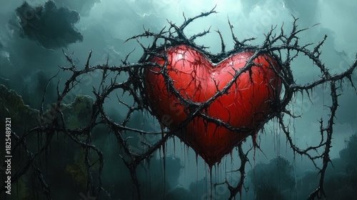 Cracked bleeding red heart entangled in black thorny vines, dripping in a misty teal storm, conveying pain and entrapment