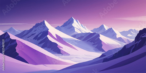 Layered snowy ridges with cool lavender light in modern vector style.