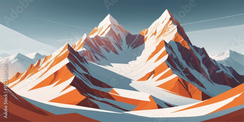 Stylized geometric peaks with warm tones and icy valleys in clean vector style.