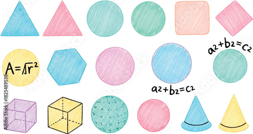 Engaging math class shapes and formulas for kids learning geometry, playful pastel colors for educational projects, perfect for children's books and classroom posters