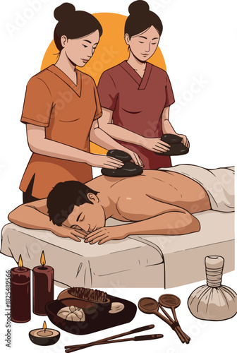 Two Therapists Perform Hot Stone Massage on a Man Lying on a Bed with Candles and Spa Supplies Nearby