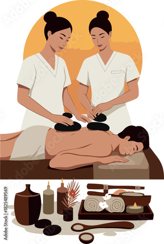 Two Therapists Perform Hot Stone Massage On A Man In A Spa