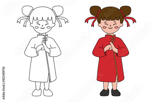 Cute Chinese Girl Coloring Page For Kids Chinese New Year Worksheet Printable
