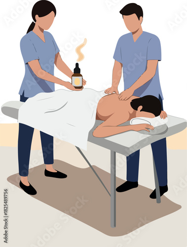 Two Therapists Giving Massage And Aromatherapy Treatment To A Man