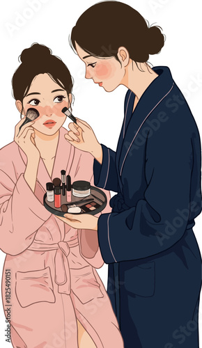 Two Women Applying Makeup Together in Pink and Blue Robes