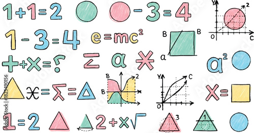 Vibrant math equations and geometry doodles for education, a playful learning pattern, ideal for back to school designs and creative teaching resources
