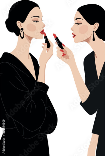 Two Women Applying Red Lipstick In Black Outfits White Background