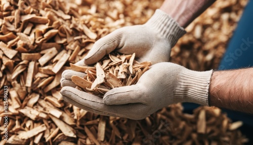 Worker's gloved hands holding a heap of light brown wood chips over a large pile of similar wooden material