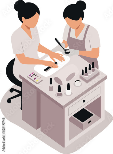 Two Women Receiving Nail Manicure Treatment At A Table With Polish Bottles