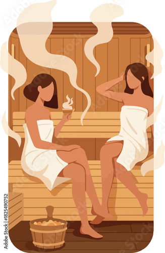 Two Women Relaxing In A Warm Steamy Sauna With Towels Wrapped
