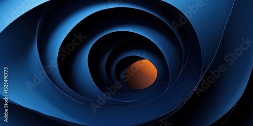 Fototapeta Naklejka Na Ścianę i Meble -  blue layered concentric spiral tunnel of curved sheets with a glowing orange core, mysterious calm and hypnotic depth