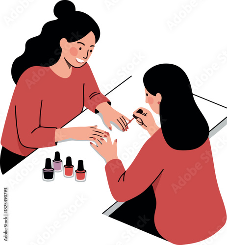 Two Women Applying Red Nail Polish on Fingernails in Flat Design Illustration