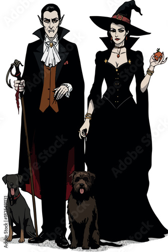 Vampire Couple with Dogs Flat Design Illustration