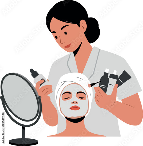 Woman Applies Facial Mask to Client in Spa Treatment Room