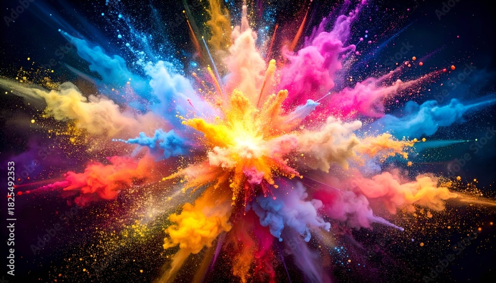 Obraz premium Explosion of vibrant colored powder erupts from center against a dark, cosmic background