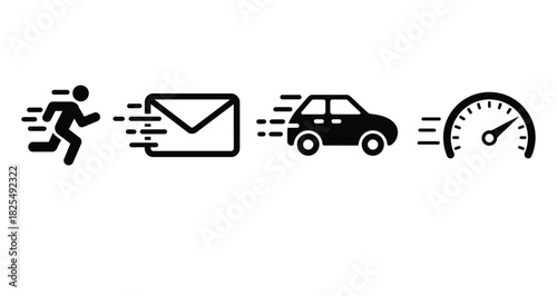 Fast Delivery and Speed Icons - Running Man, Mail, Car & Speedometer