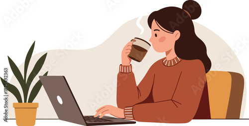 Woman Drinking Coffee Working Laptop Cozy Sweater Warm Colors Minimalist Illustration