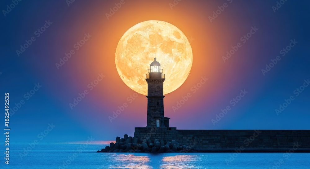 Fototapeta premium Silhouette of a historic lighthouse structure standing on a stone jetty against the backdrop of a massive, glowing orange full moon rising over the dark blue ocean water at night