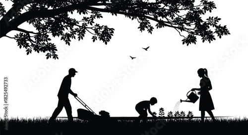 Black silhouette vector illustration of family working in garden under tree branch, father mowing lawn, mother watering plants, and child planting.