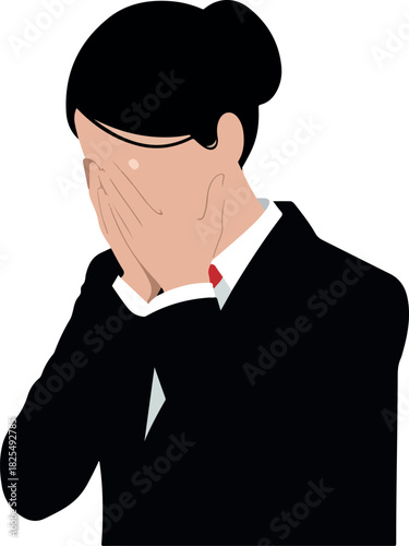 Woman in Black Business Suit Covers Face in Distress with White Background Minimal Illustration