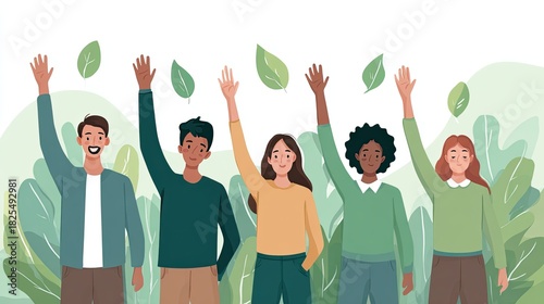 A diverse group of five people joyfully raising their hands amidst green leaves, symbolizing unity and environmental awareness.