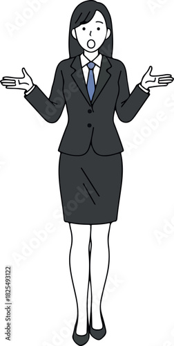 Woman In Suit Shrugs With Open Arms White Background