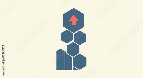 Abstract geometric shapes stacked in a column with an upward arrow on the top hexagon, symbolizing growth and progress