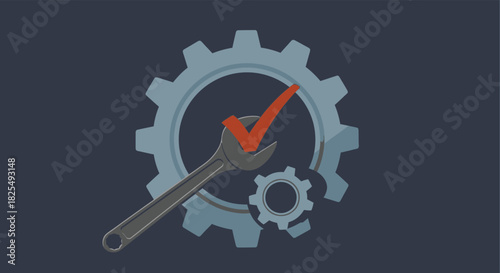 A wrench and a checkmark over gears, symbolizing successful repair and maintenance services
