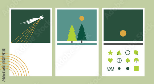 A triptych of minimalist illustrations featuring a comet, trees under a sun, and various icons