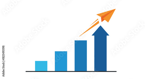 A paper airplane soaring upwards over a bar graph, symbolizing growth and success, isolated on
