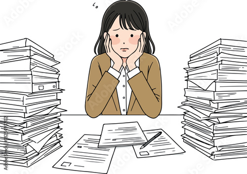 Woman Overwhelmed By Stacked Paperwork White Background Flat Illustration
