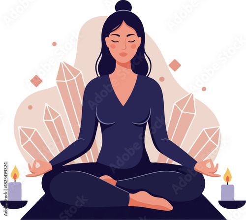 Woman Meditating With Crystals Candles And Geometric Shapes Flat Illustration