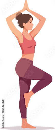 Woman Performing Tree Pose Yoga in Pink Tank Top and Purple Leggings