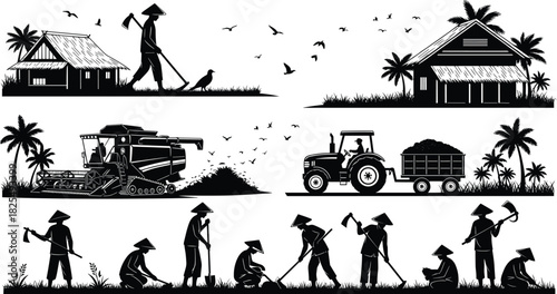 Black silhouette vector illustration set of Asian farmers in conical hats, rural village houses, tractors, and combine harvesters, rice agriculture concept.