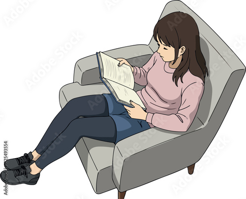 Woman Reading Newspaper While Sitting on Armchair Relaxing Casual Outfit