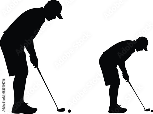 Black vector silhouette of a male golf player addressing the ball in a side view stance ready to swing the club on white.