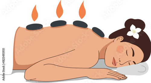 Woman Relaxing With Hot Stones On Back Minimalist Illustration