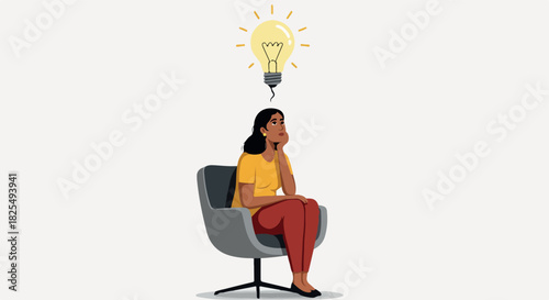 Woman Sitting In Chair Thinking With Light Bulb Idea Over Head
