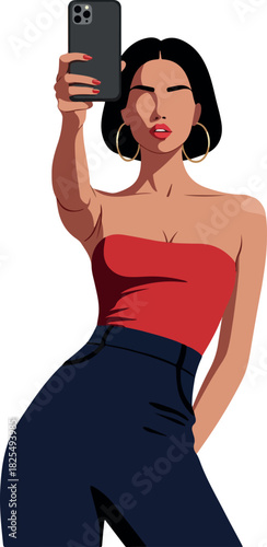 Woman Taking Selfie in Red Top and Blue Pants Minimal Illustration