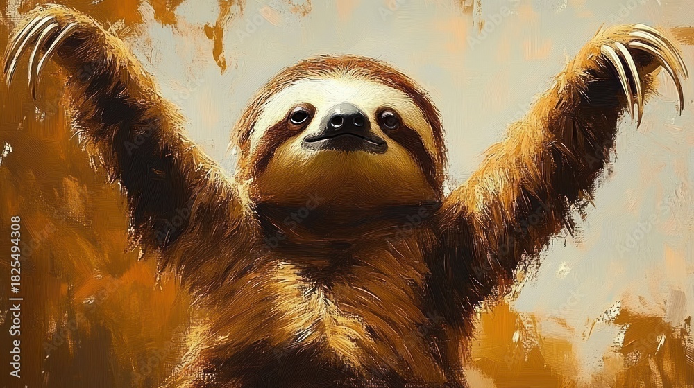 Obraz premium joyful brown sloth with outstretched arms and long claws in a textured warm orange painterly portrait