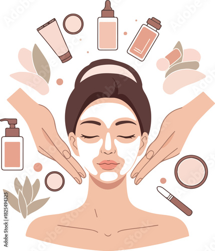 Woman With Facial Mask And Beauty Products Vector Illustration